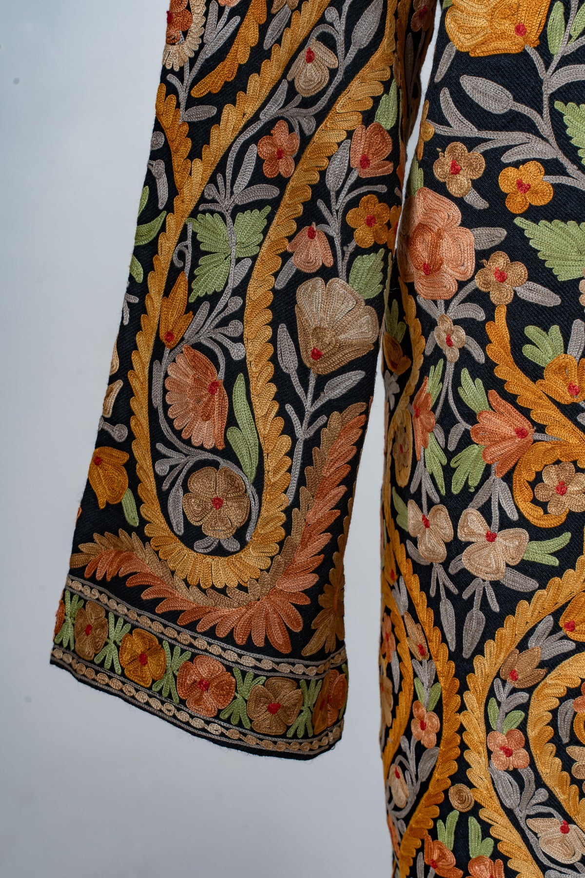Noor-e-Zafran: Aari Embroidered Long Jacket in Black Base