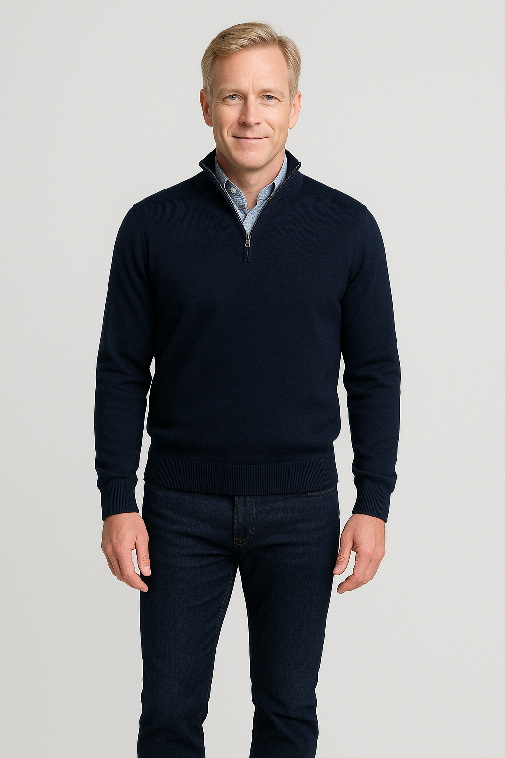 Merino Wool Quarter-Zip Sweater in Navy