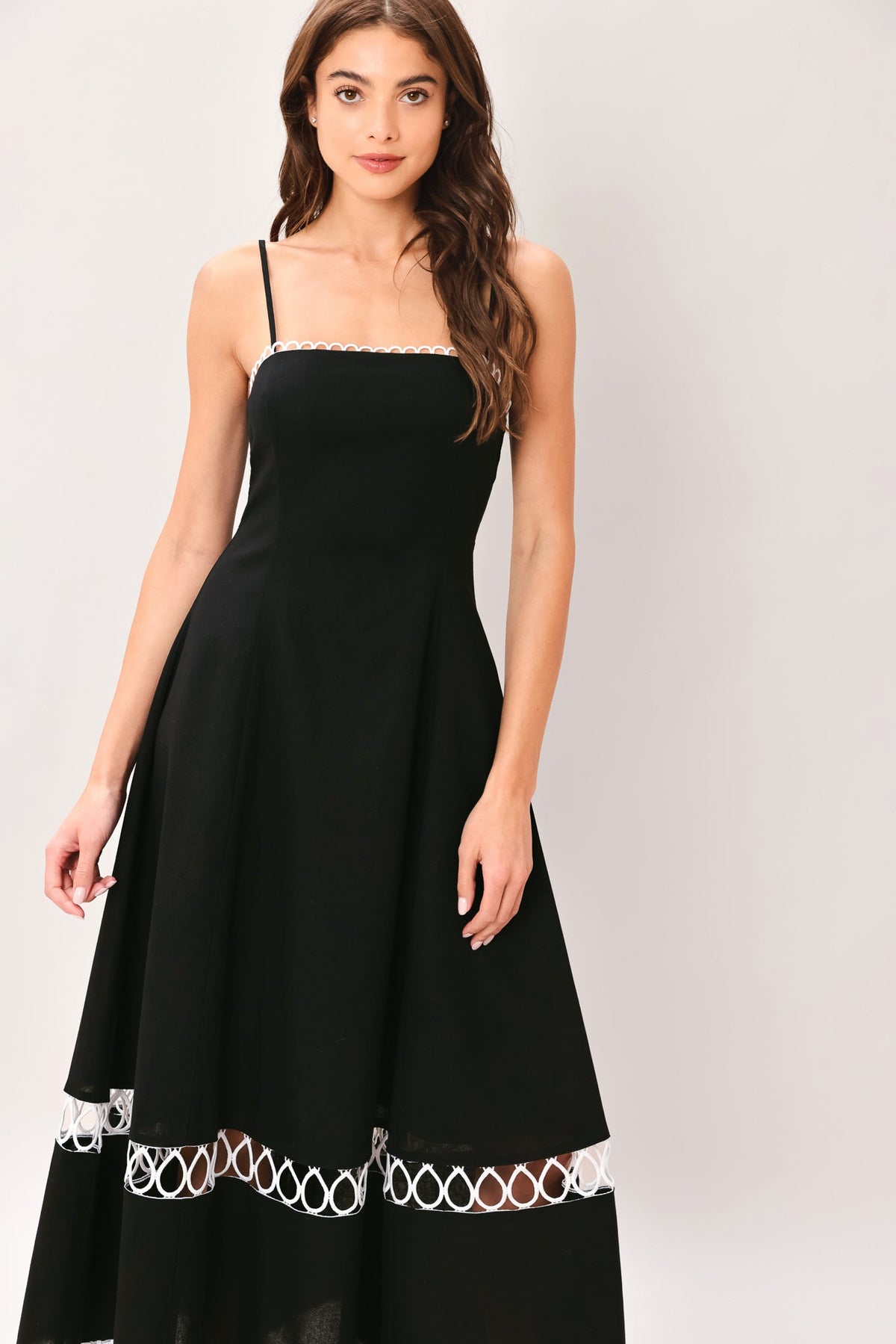Noir Whisper Black Lace-Trim Midi Dress
