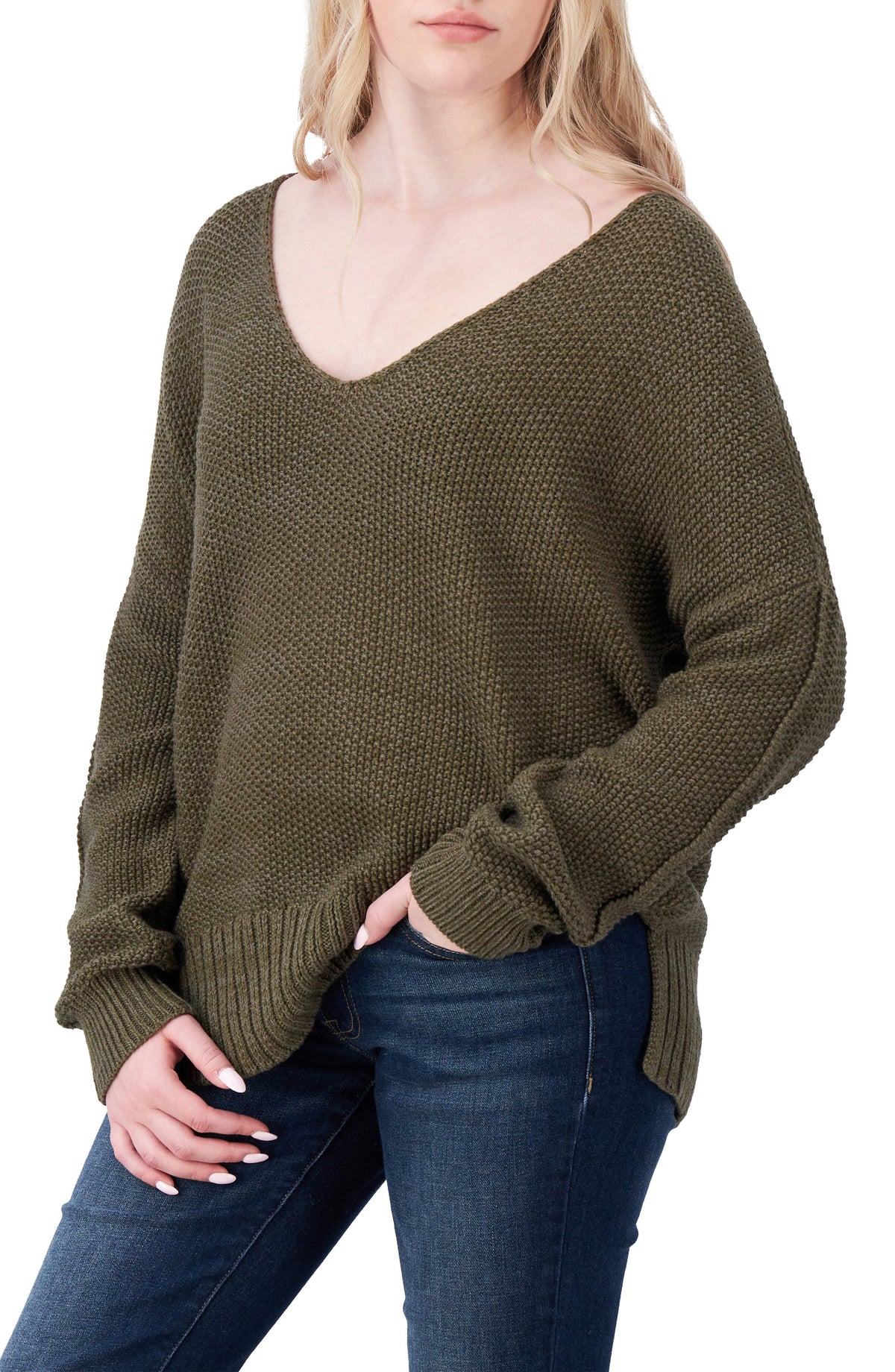 Lucky Brand Spring-Weight V-Neck Pullover — Olive
