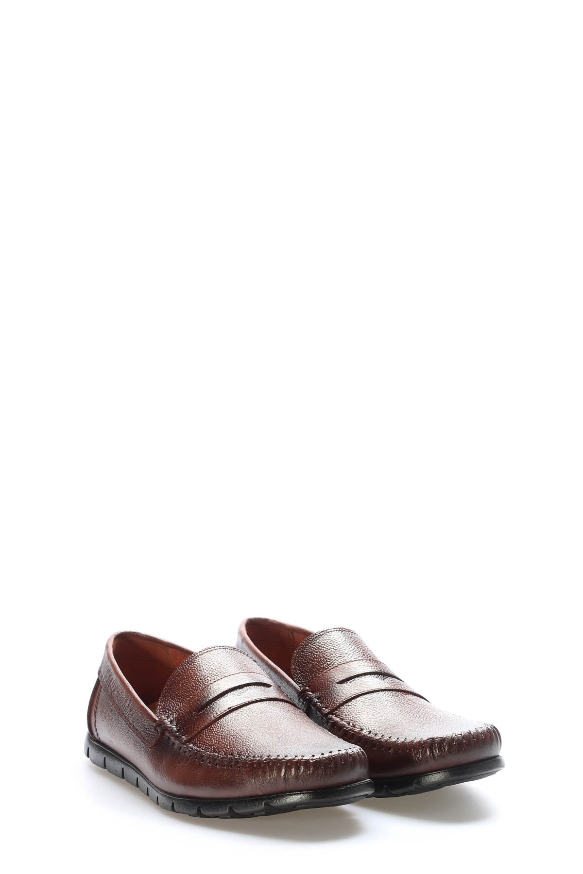 Brown Textured Leather Penny Loafers