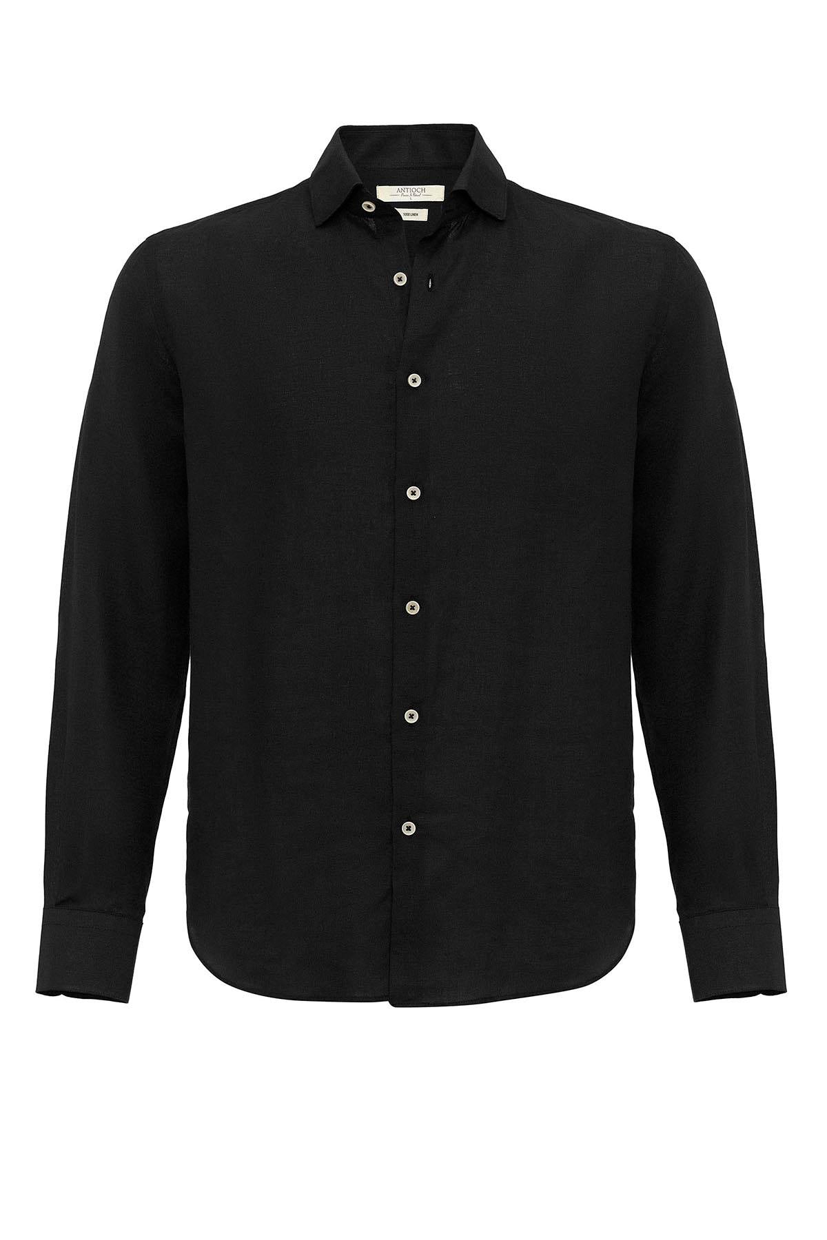 Men's Black Collar Button Detail 100% Linen Shirt - Wessi
