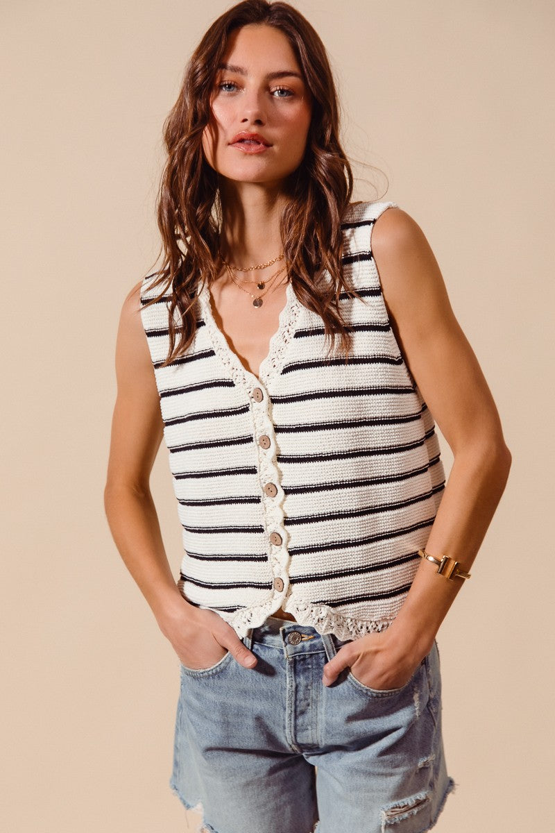 Off White Button Front Black Stripe Texture Knit Sweater Vest by So Me