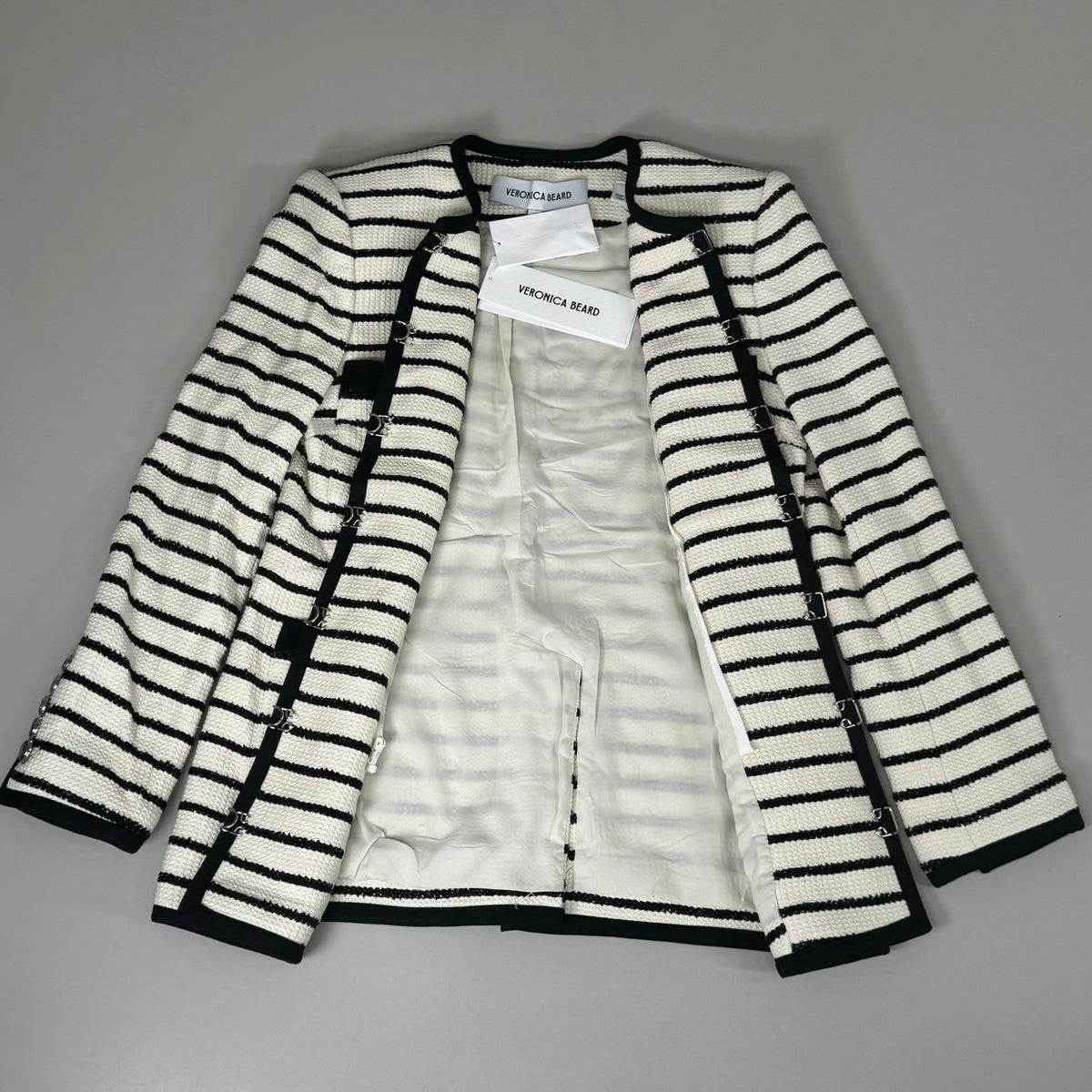 Veronica Beard Foster Dickey Jacket — Ivory/Black, Size 4