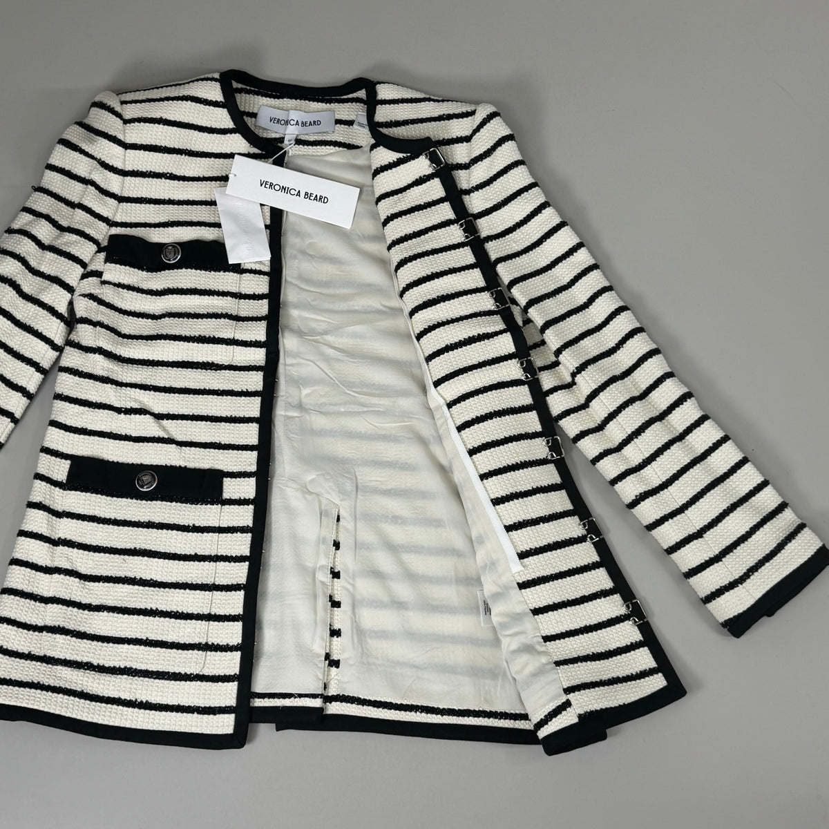 Veronica Beard Foster Dickey Jacket — Ivory/Black, Size 4
