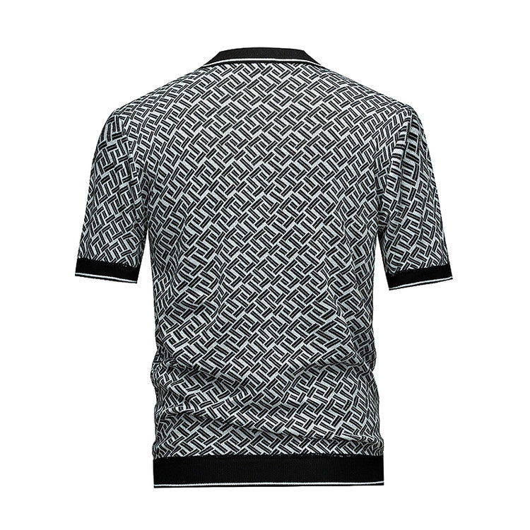 Men's Black & Grey Geometric Knit Polo