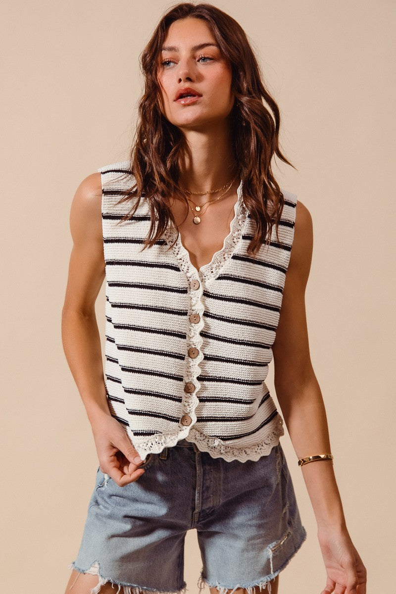 Off White Button Front Black Stripe Texture Knit Sweater Vest by So Me