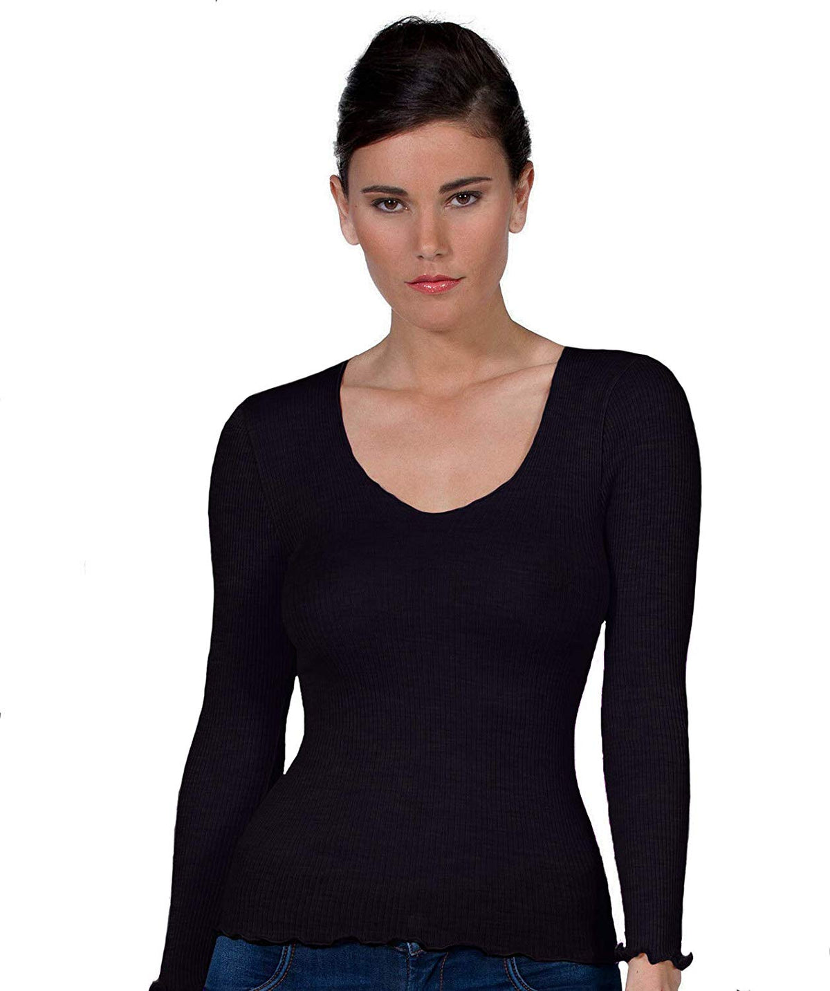 EGI Wool-Silk V-Neck Long-Sleeve Top (1493)