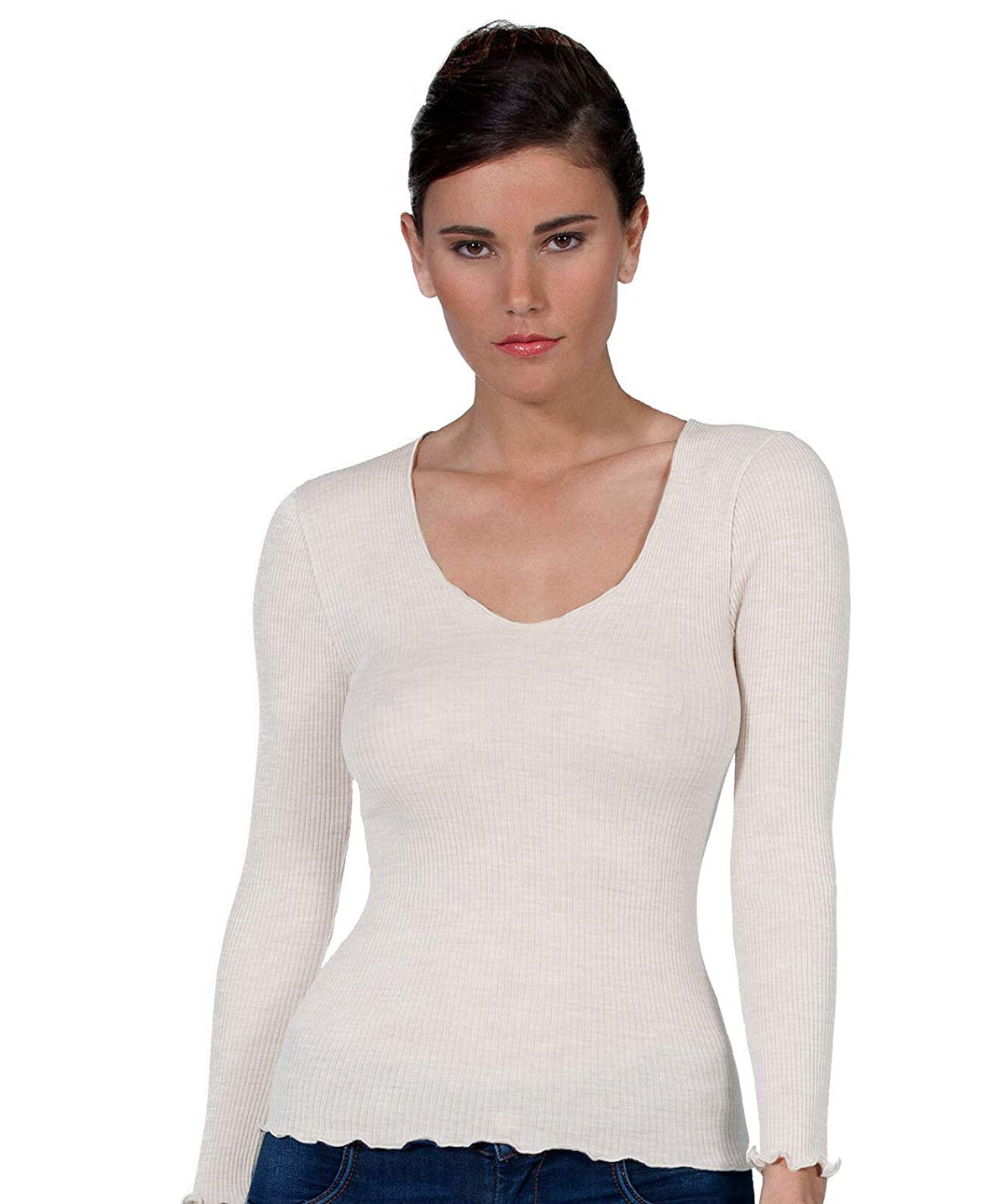 EGI Wool-Silk V-Neck Long-Sleeve Top (1493)