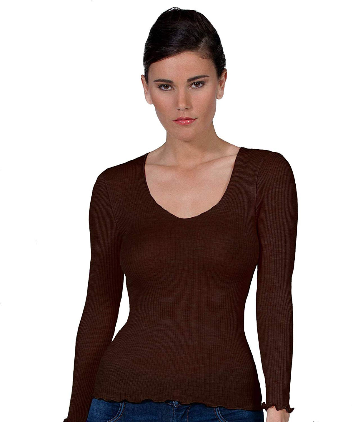 EGI Wool-Silk V-Neck Long-Sleeve Top (1493)