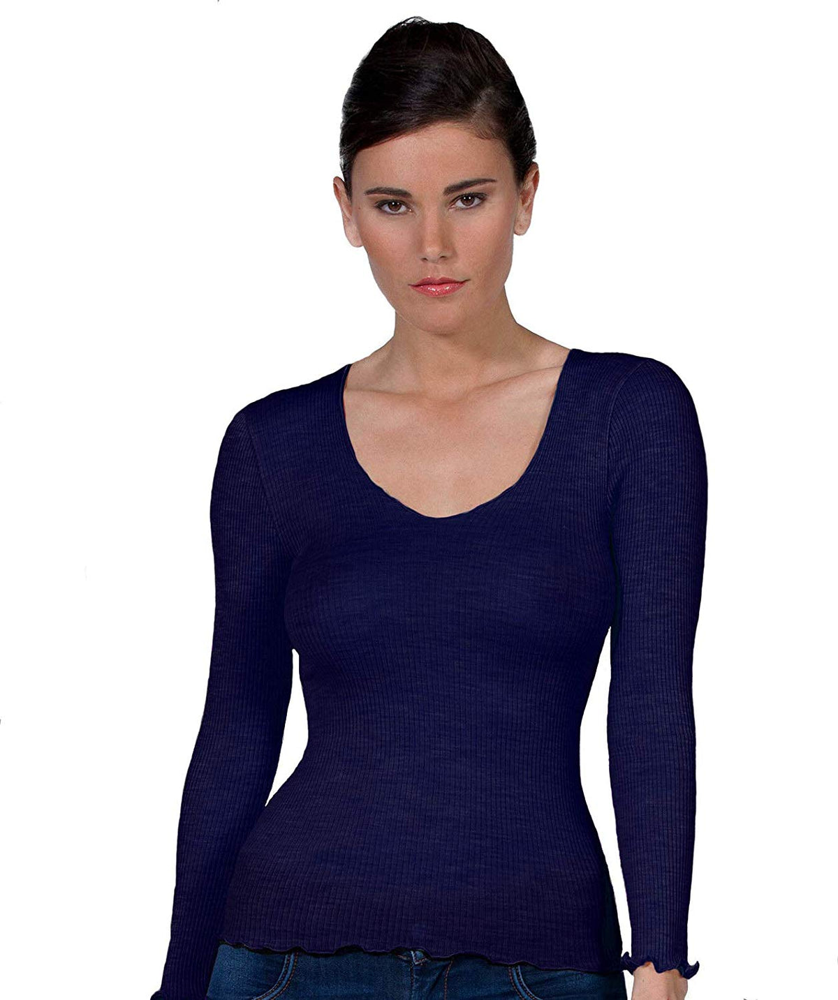 EGI Wool-Silk V-Neck Long-Sleeve Top (1493)