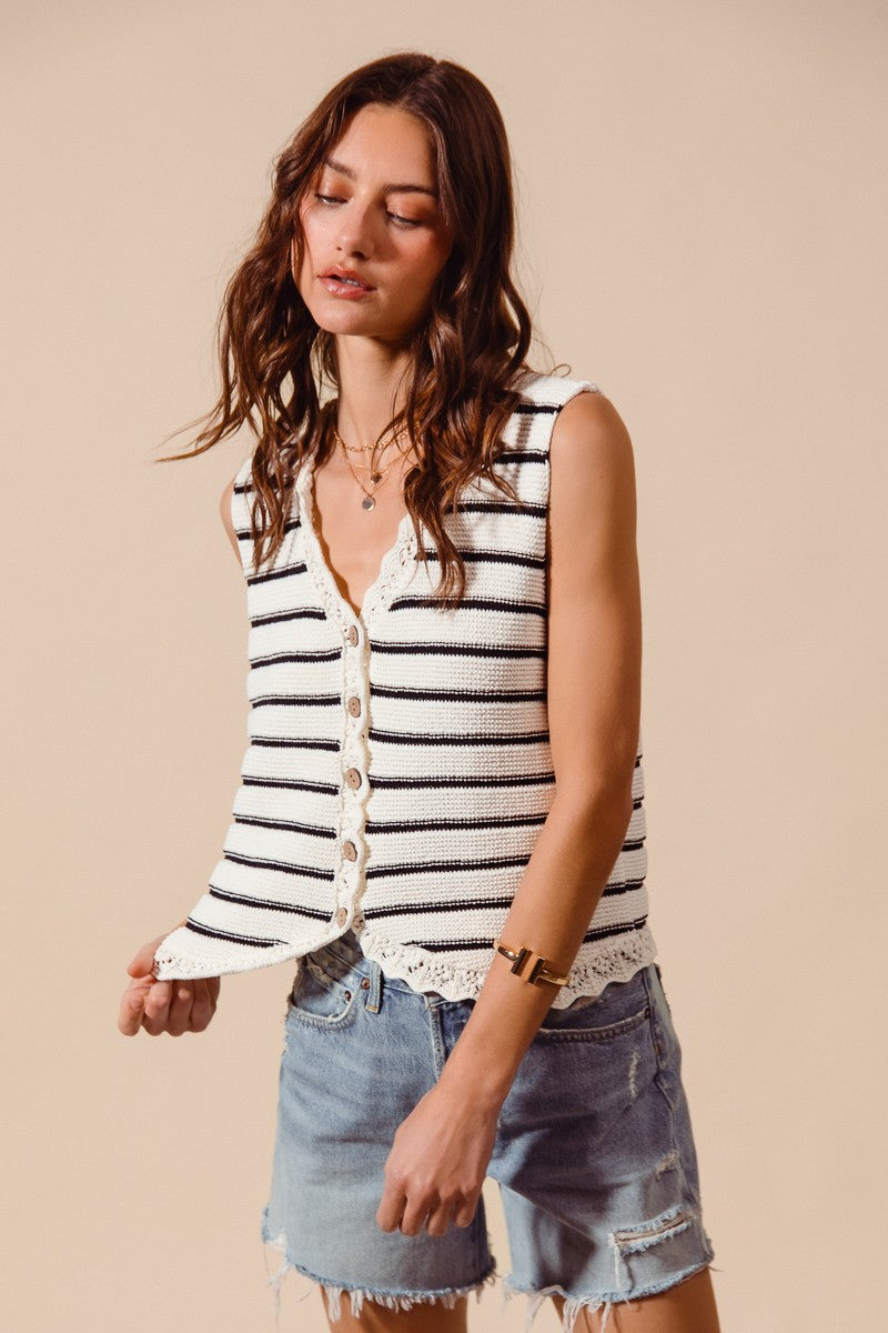 Off White Button Front Black Stripe Texture Knit Sweater Vest by So Me