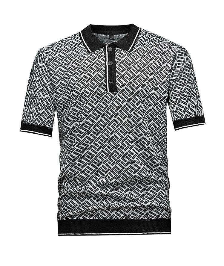 Men's Black & Grey Geometric Knit Polo
