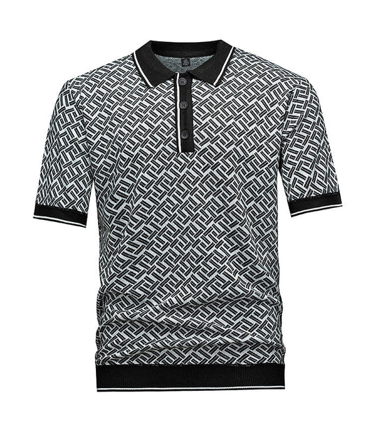 Men's Black & Grey Geometric Knit Polo