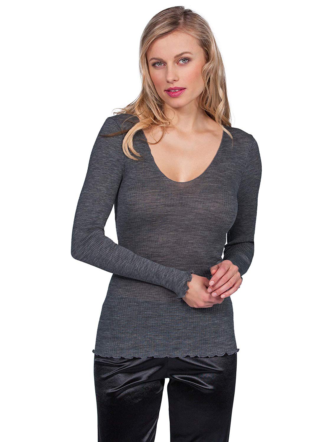 EGI Wool-Silk V-Neck Long-Sleeve Top (1493)