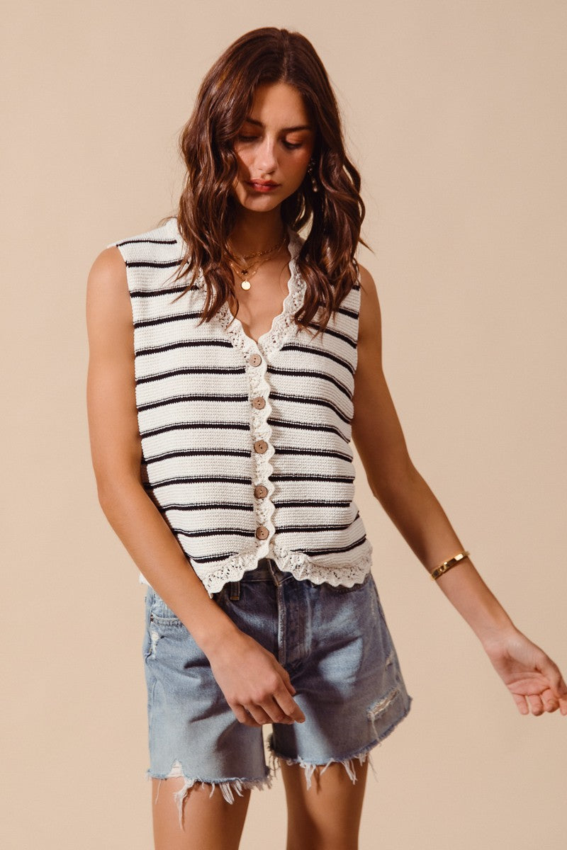 Off White Button Front Black Stripe Texture Knit Sweater Vest by So Me