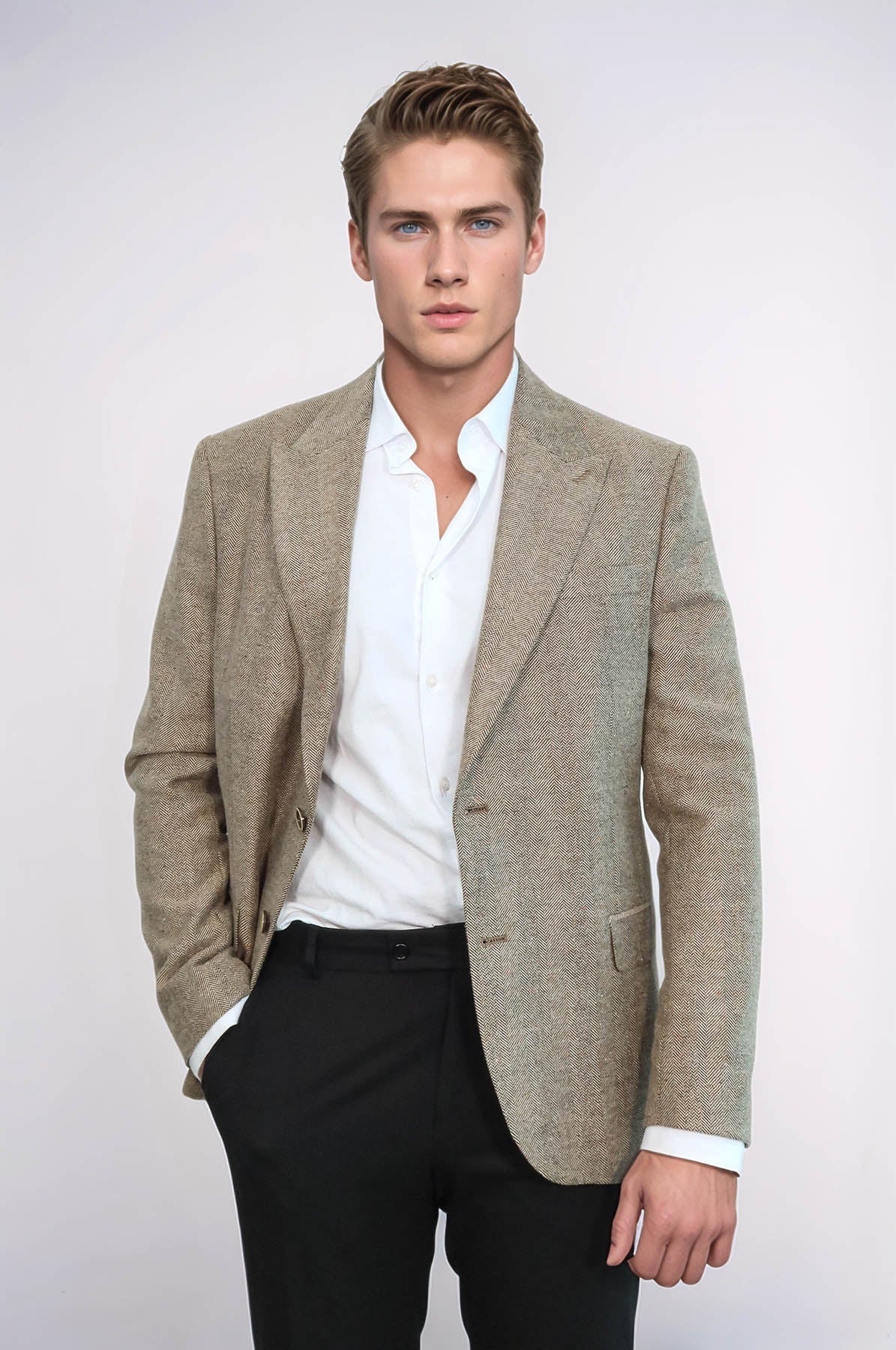 Men's Cream Houndstooth Wool Blazer
