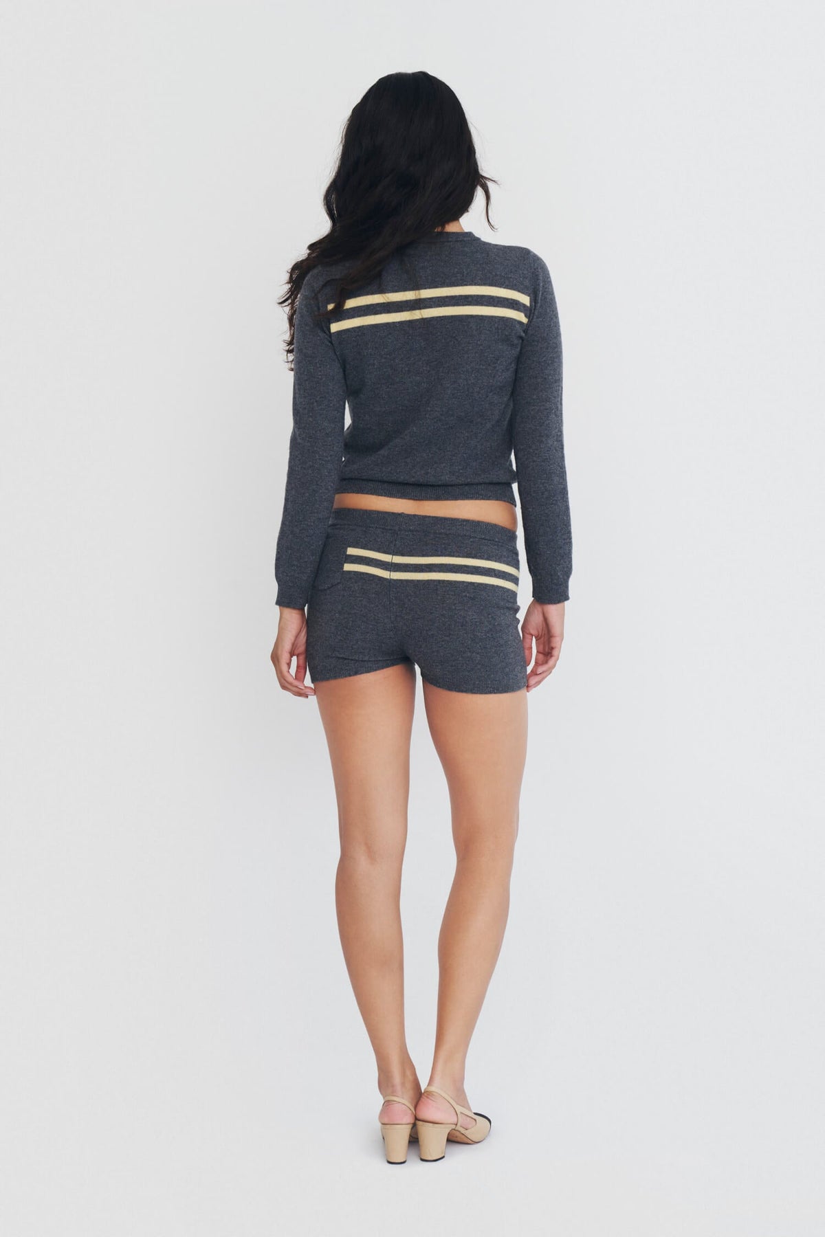 Cashmere Wool Stripe Cardigan in Black Sesame Butter