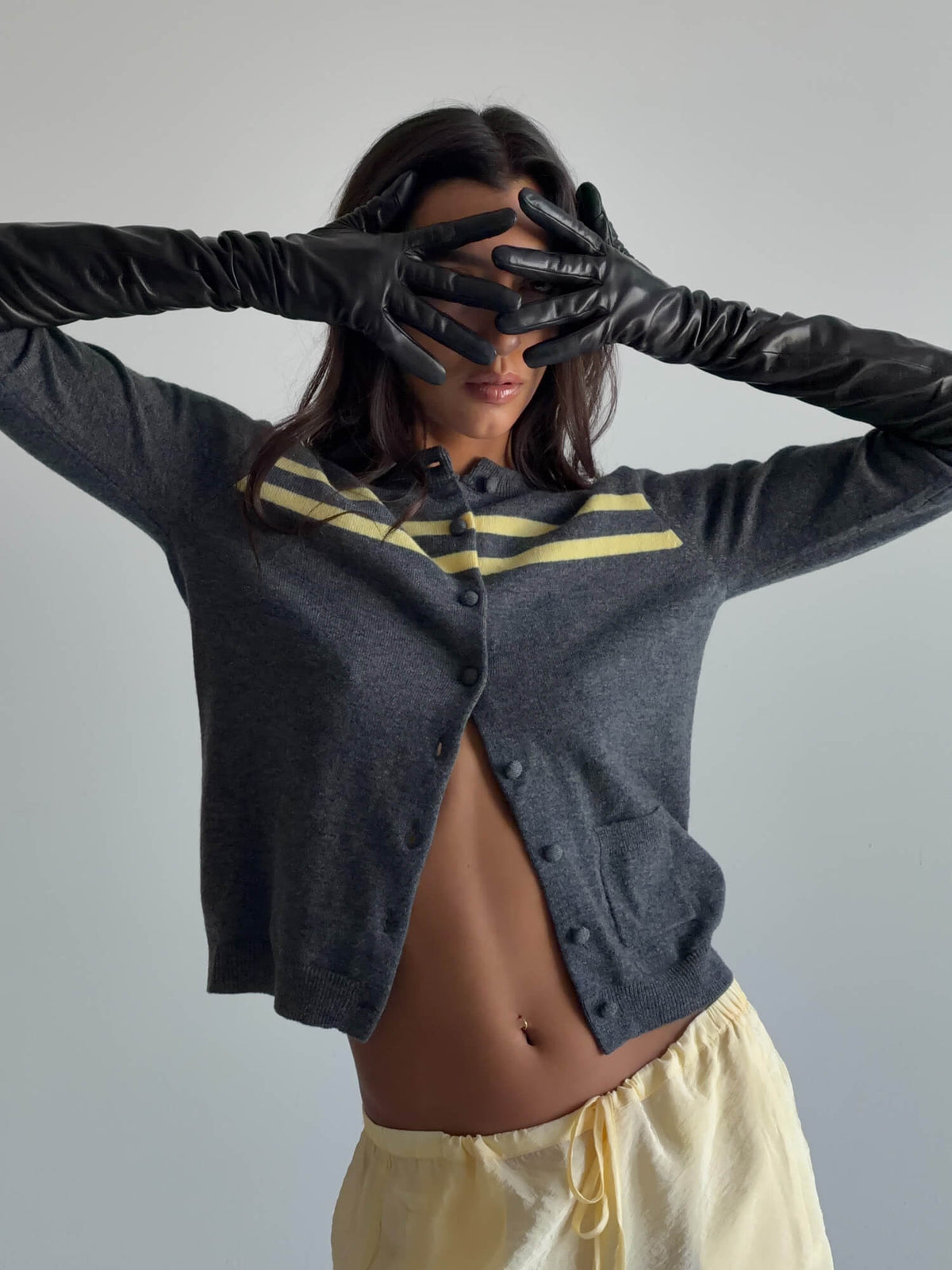 Cashmere Wool Stripe Cardigan in Black Sesame Butter