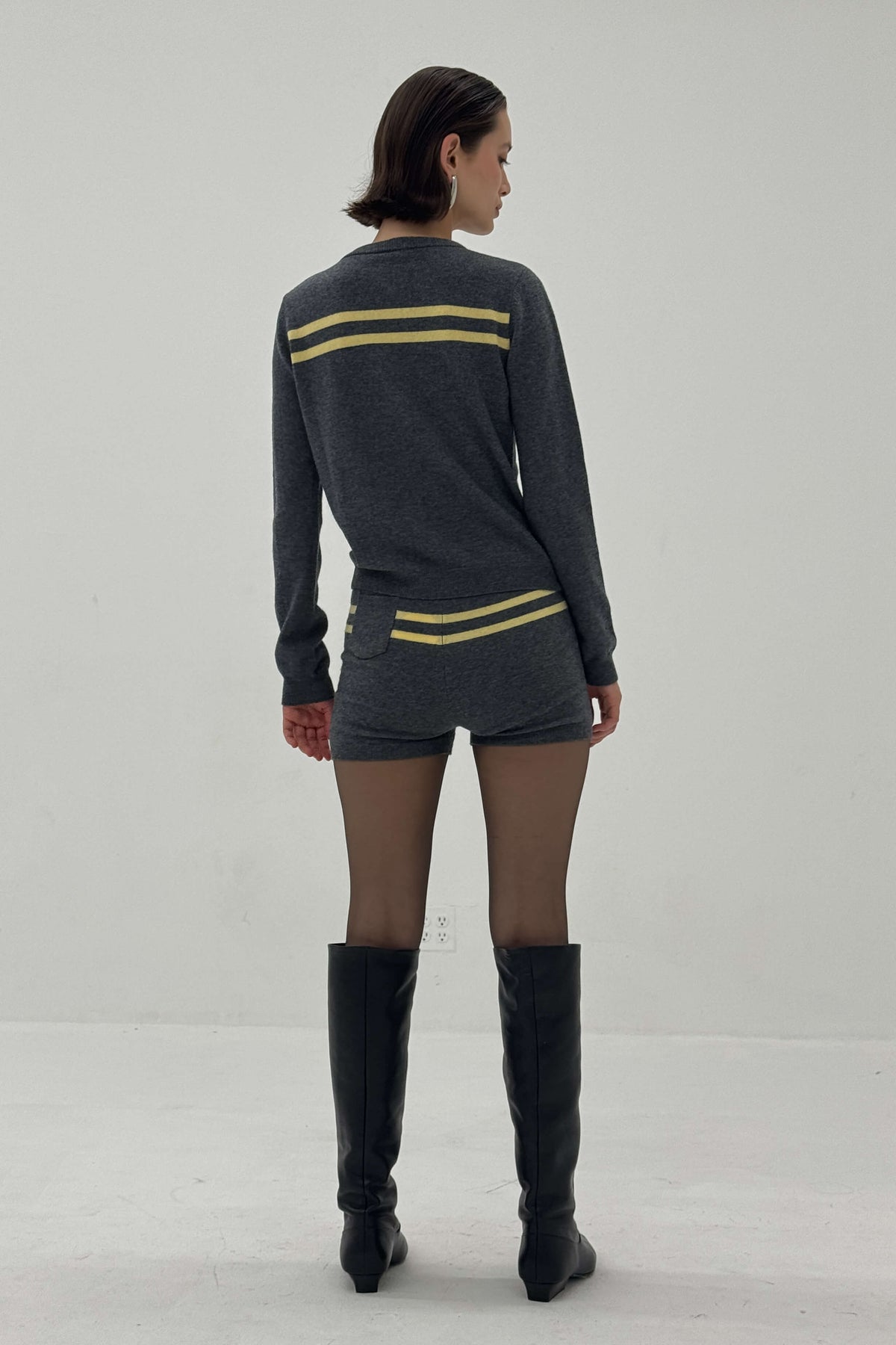 Cashmere Wool Stripe Cardigan in Black Sesame Butter