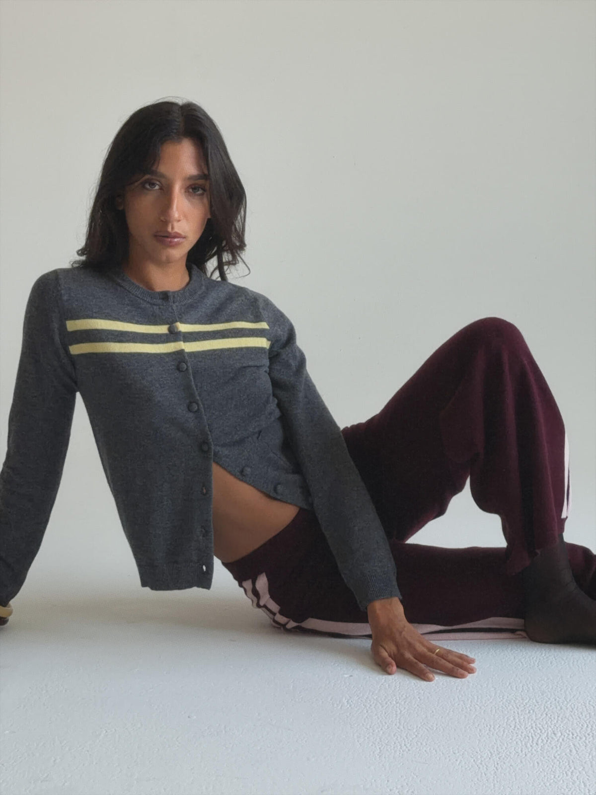 Cashmere Wool Stripe Cardigan in Black Sesame Butter