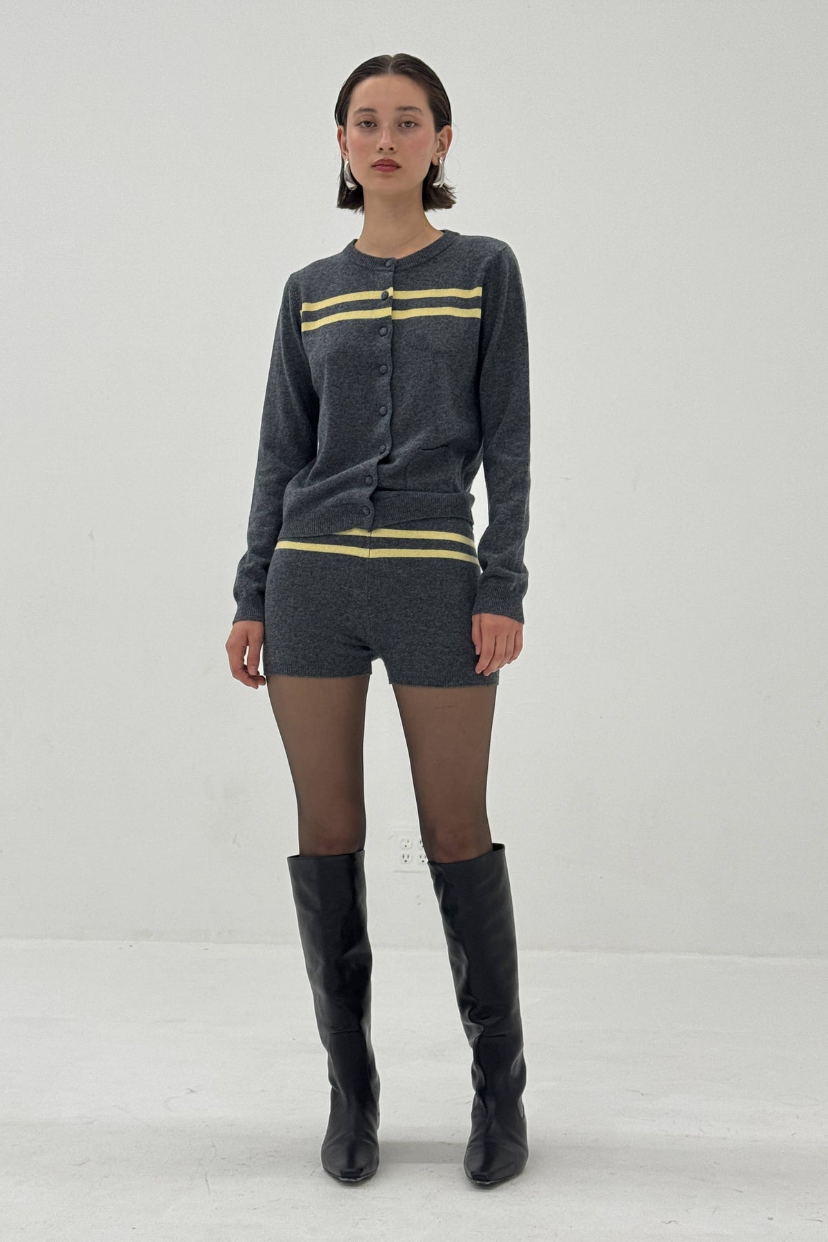 Cashmere Wool Stripe Cardigan in Black Sesame Butter