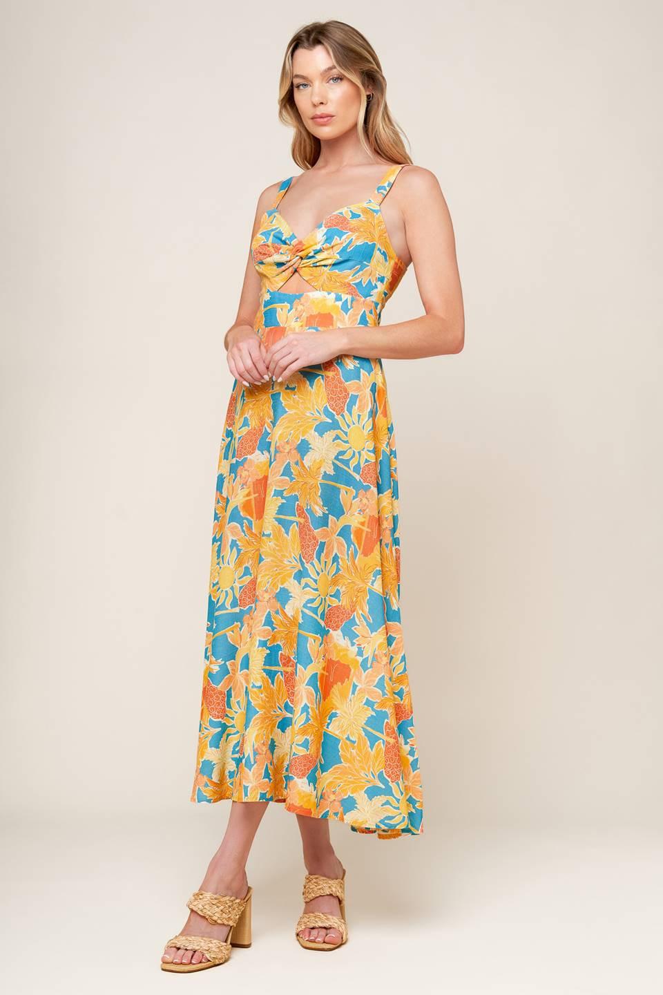 Twirl Me Blue Linen-Blend Midi Dress