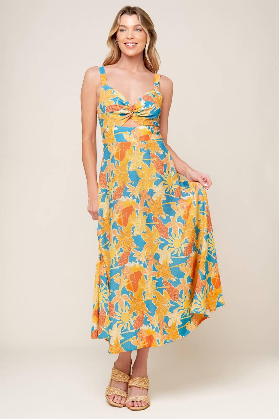 Twirl Me Blue Linen-Blend Midi Dress