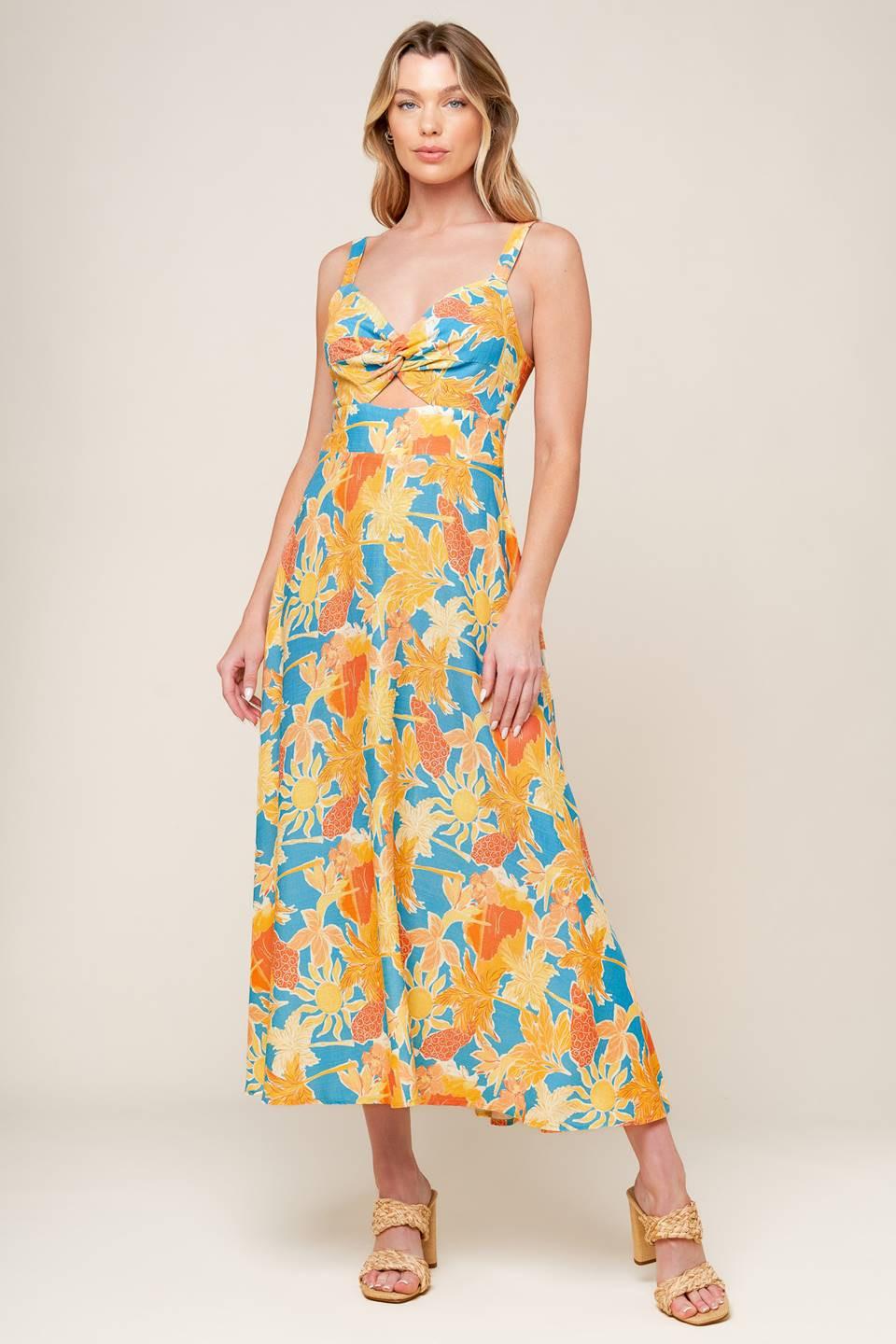 Twirl Me Blue Linen-Blend Midi Dress