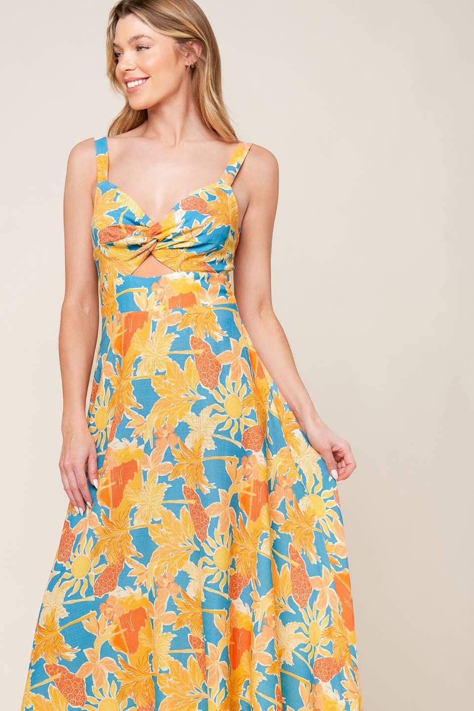 Twirl Me Blue Linen-Blend Midi Dress