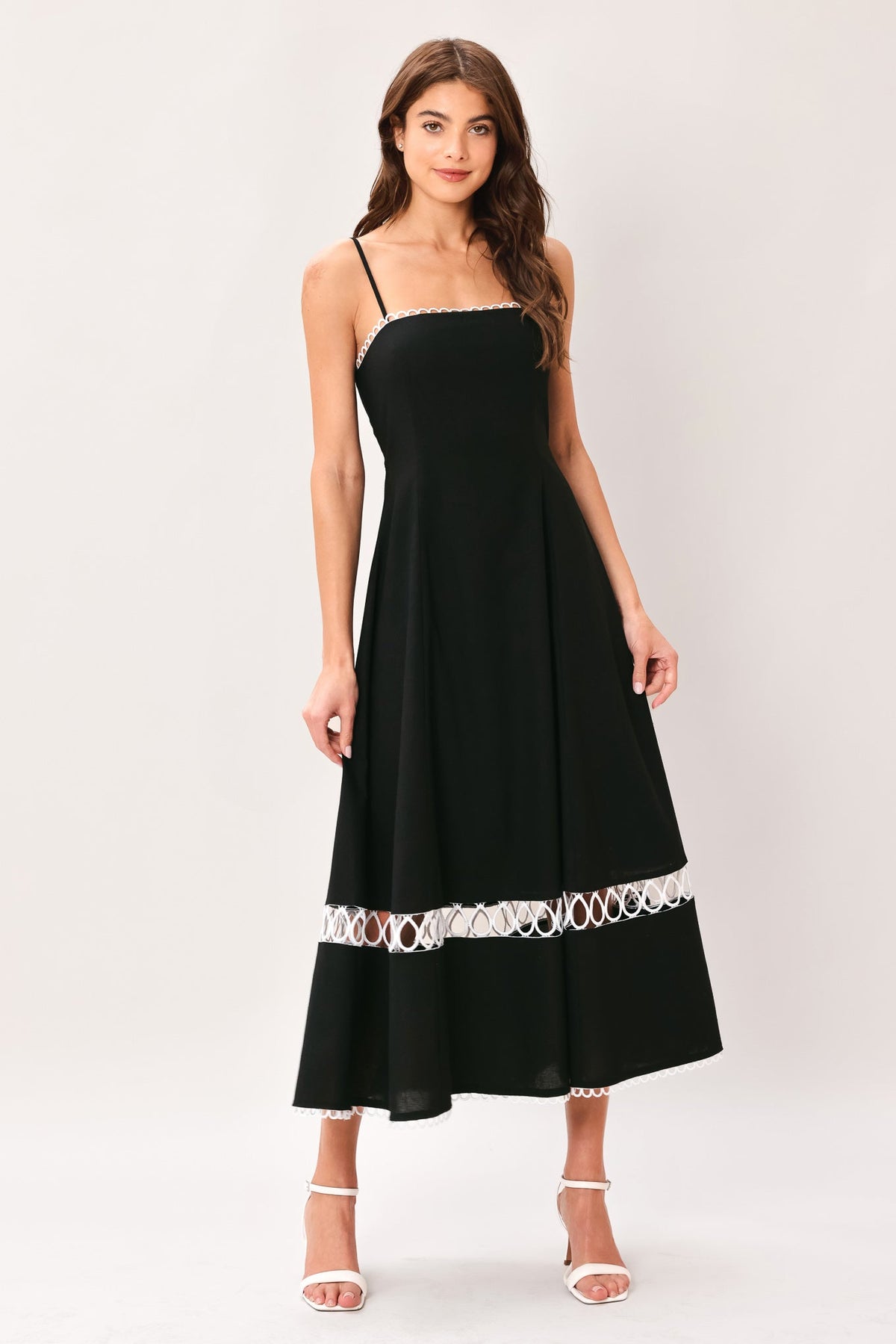 Noir Whisper Black Lace-Trim Midi Dress