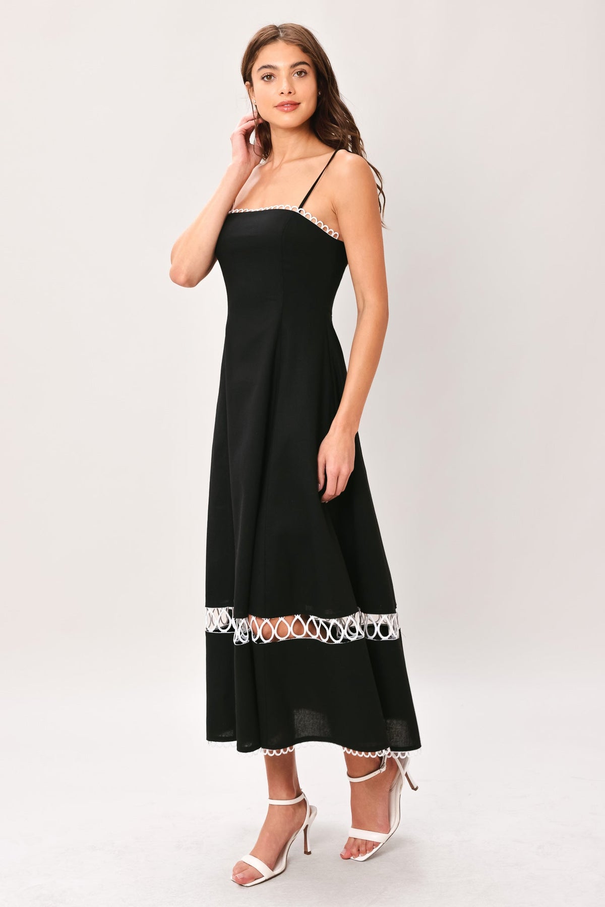 Noir Whisper Black Lace-Trim Midi Dress