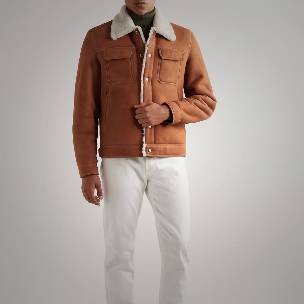 Men's Brown Suede Shearling Trucker Jacket