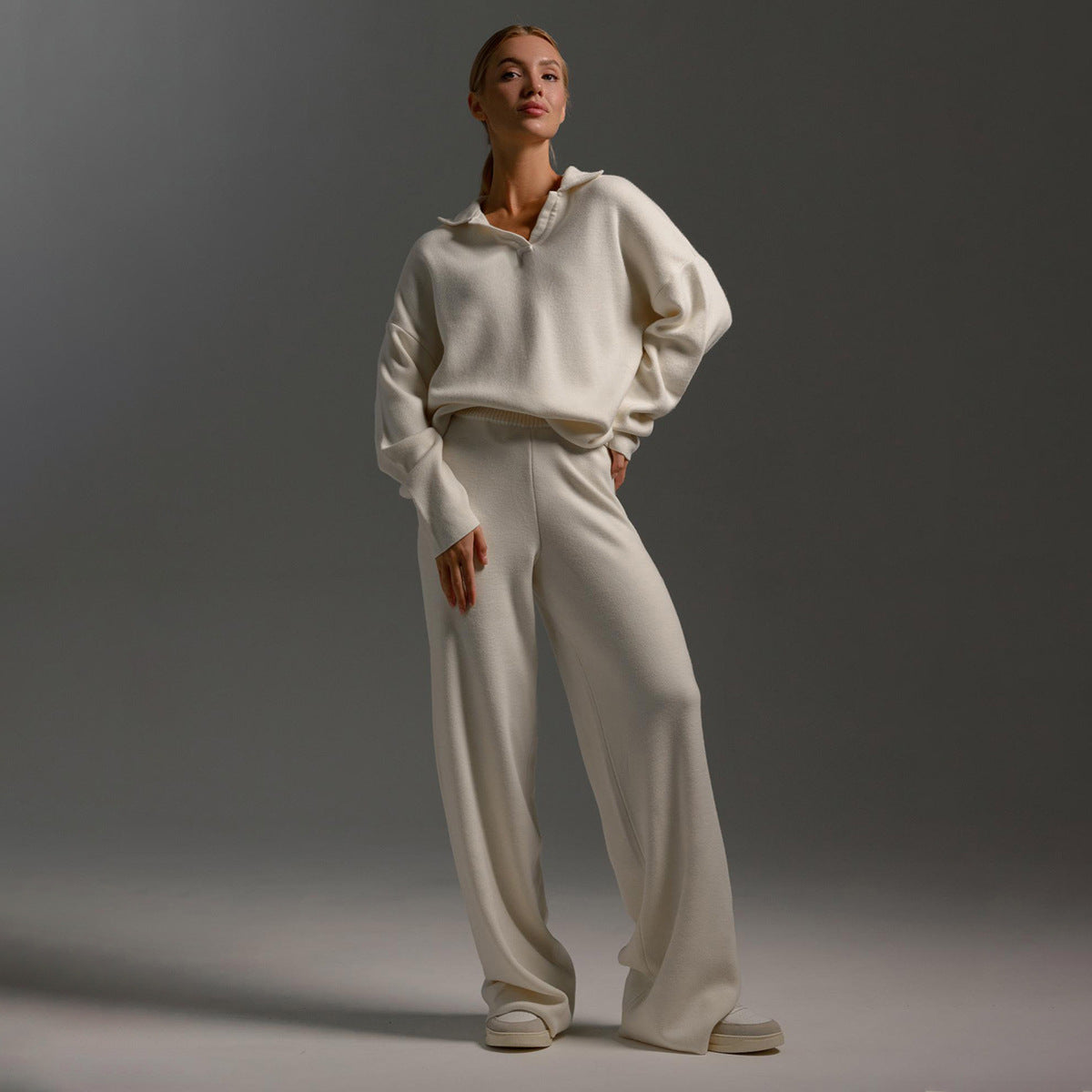 Knitting Suit Autumn Winter Sweater Polo Collar Knitted Pullover Wide Leg Trousers Two Piece Set