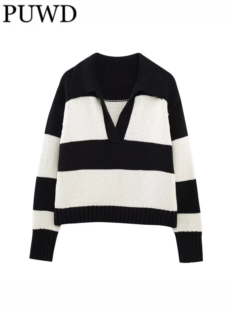Women's Black Striped Polo-Neck Sweater