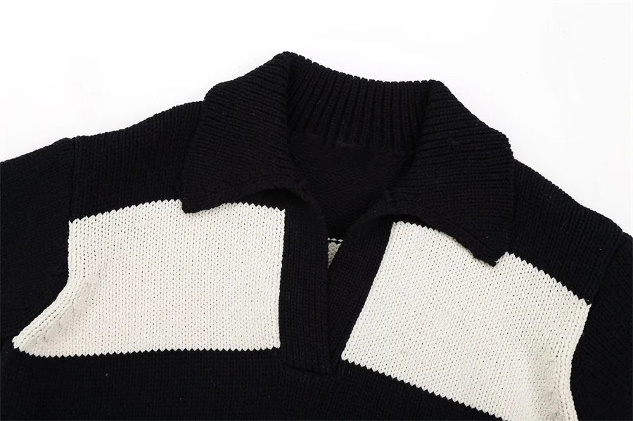 Women's Black Striped Polo-Neck Sweater