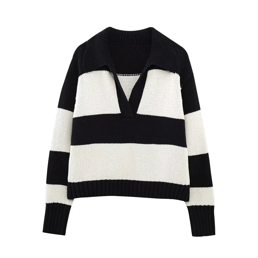 Women's Black Striped Polo-Neck Sweater