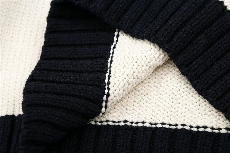 Women's Black Striped Polo-Neck Sweater