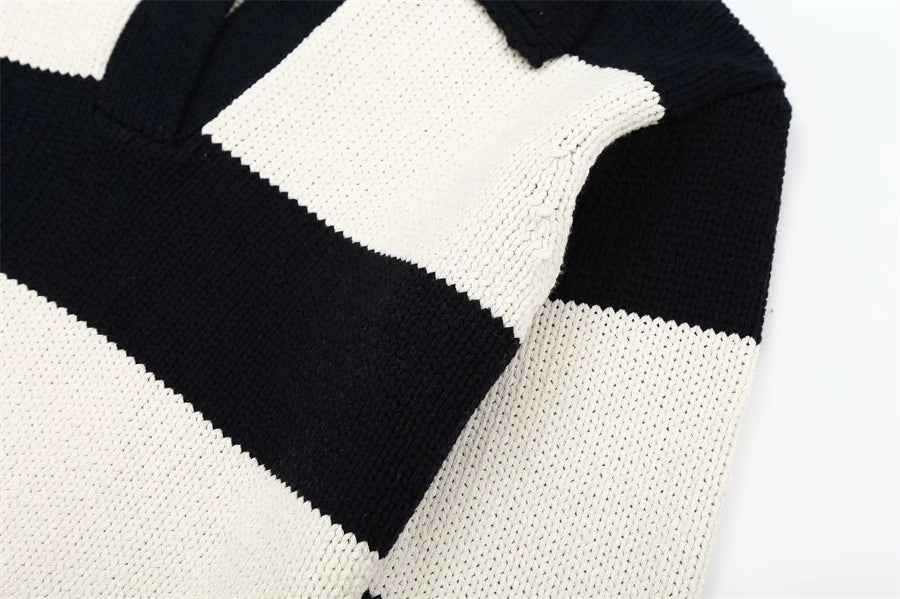 Women's Black Striped Polo-Neck Sweater