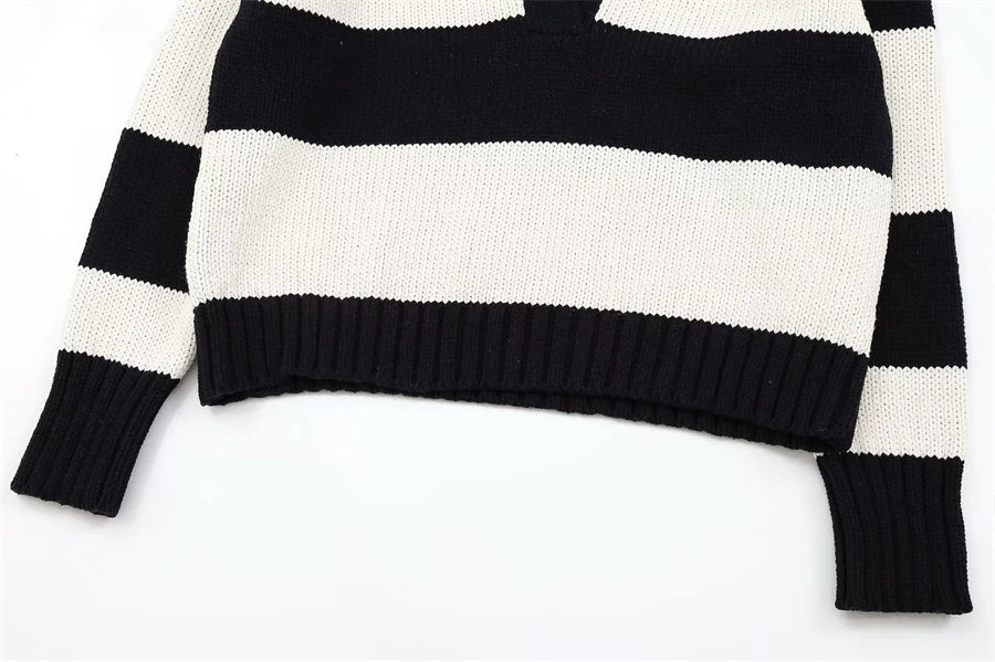 Women's Black Striped Polo-Neck Sweater