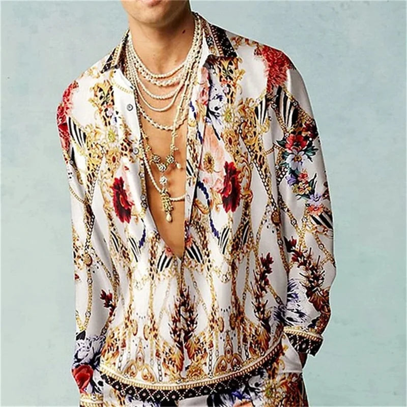 Men's Retro Printed Long-Sleeve Shirt