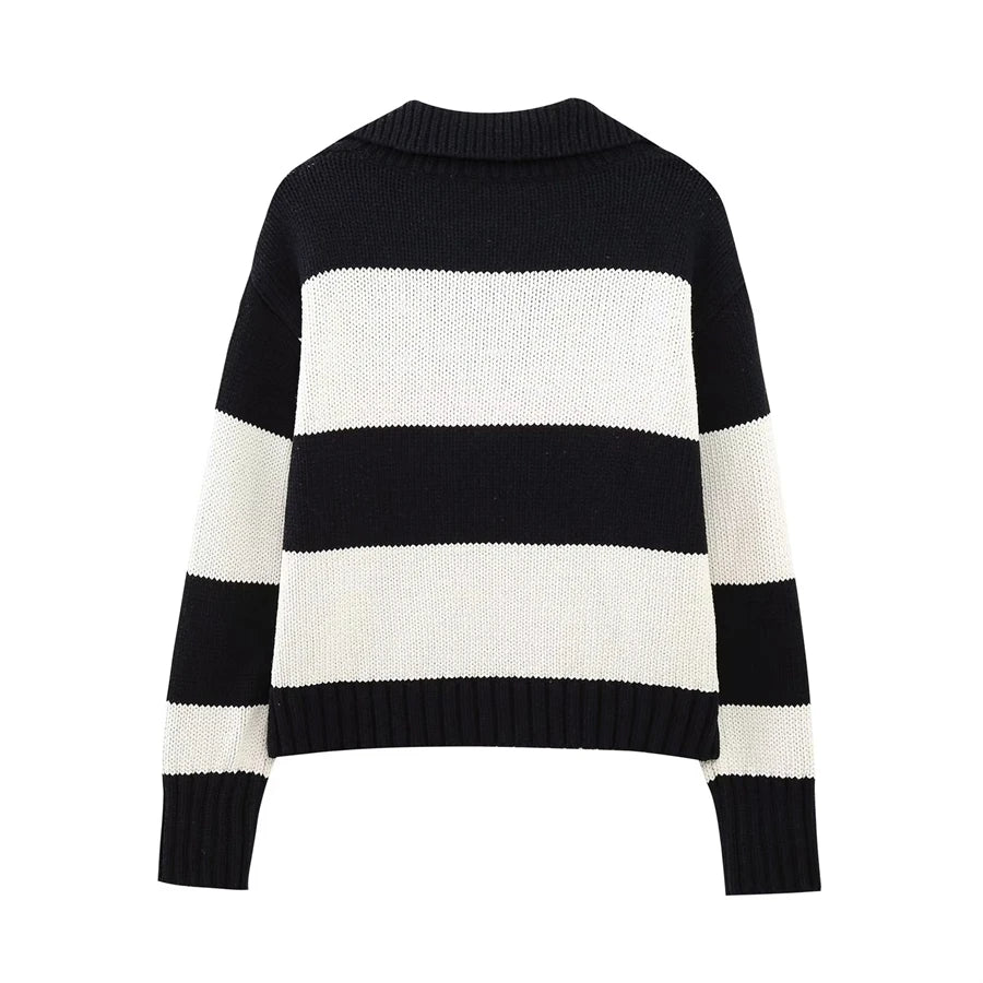 Women's Black Striped Polo-Neck Sweater