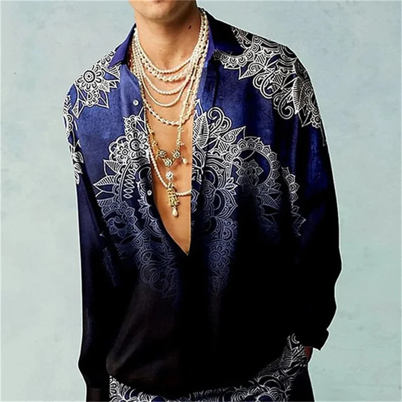 Men's Retro Printed Long-Sleeve Shirt