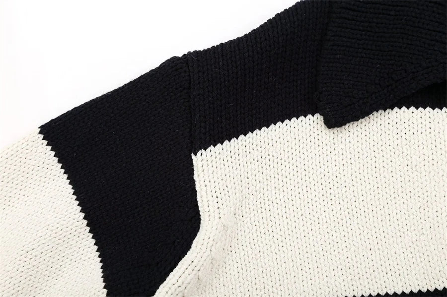 Women's Black Striped Polo-Neck Sweater