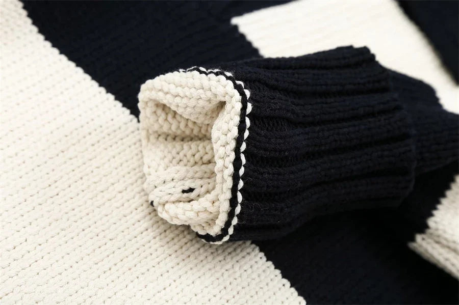 Women's Black Striped Polo-Neck Sweater