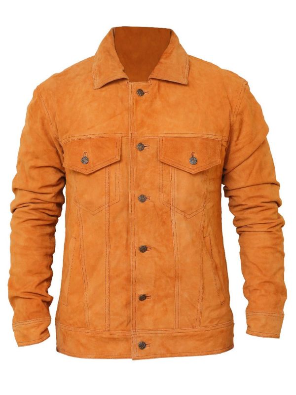 Men's Camel Suede Leather Jacket with Strap Pockets
