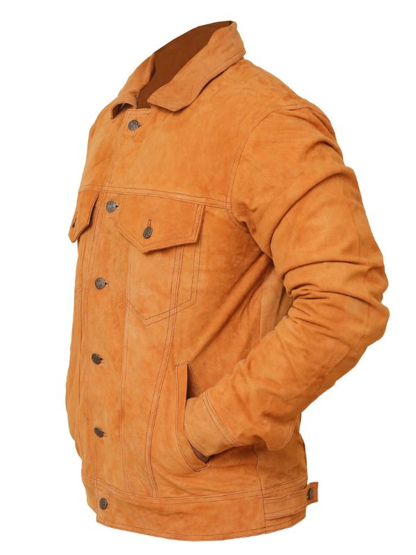 Men's Camel Suede Leather Jacket with Strap Pockets