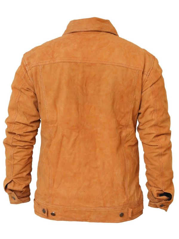 Men's Camel Suede Leather Jacket with Strap Pockets