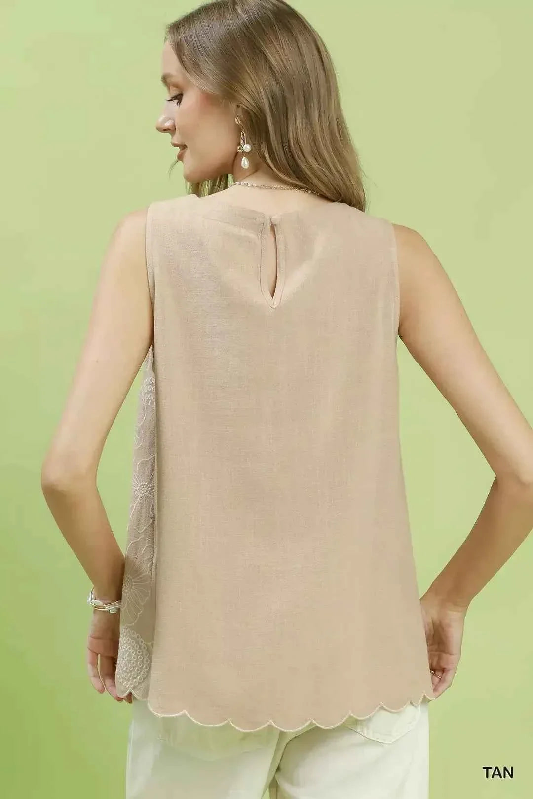 Umgee Linen–Cotton Embroidered Sleeveless Top — Tan