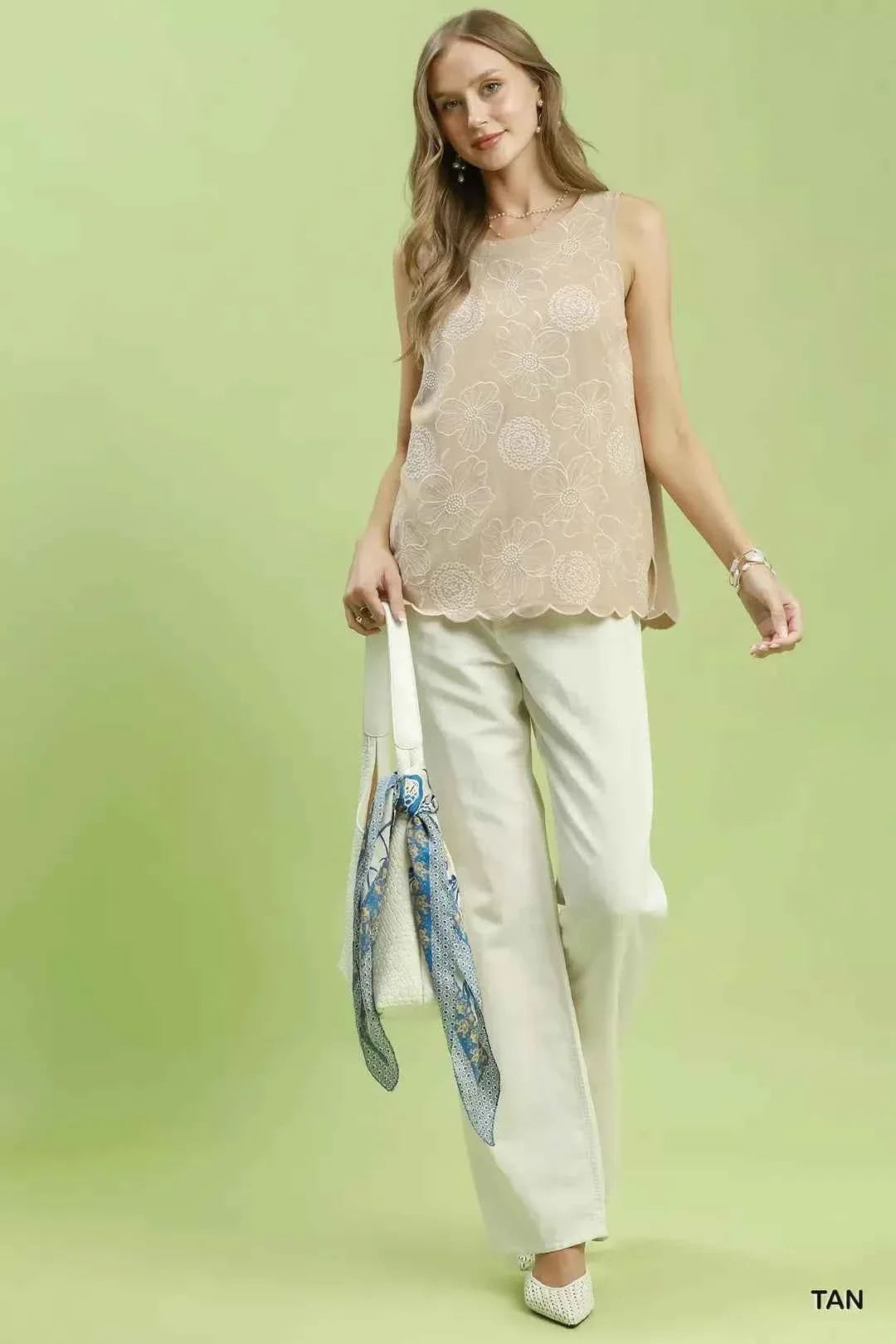 Umgee Linen–Cotton Embroidered Sleeveless Top — Tan